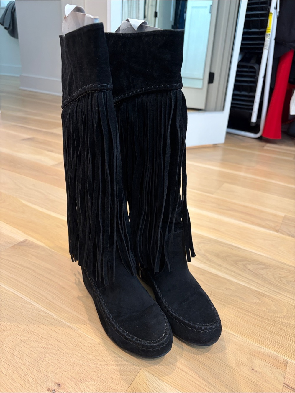 Nature Breeze Black Suede Fringe Moccasin Boots